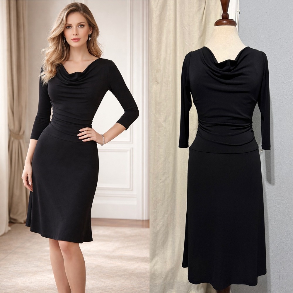 Rabbit Designs Black Cowl Neck Ruched Midi Stretchy Dress Size 10 Made in USA